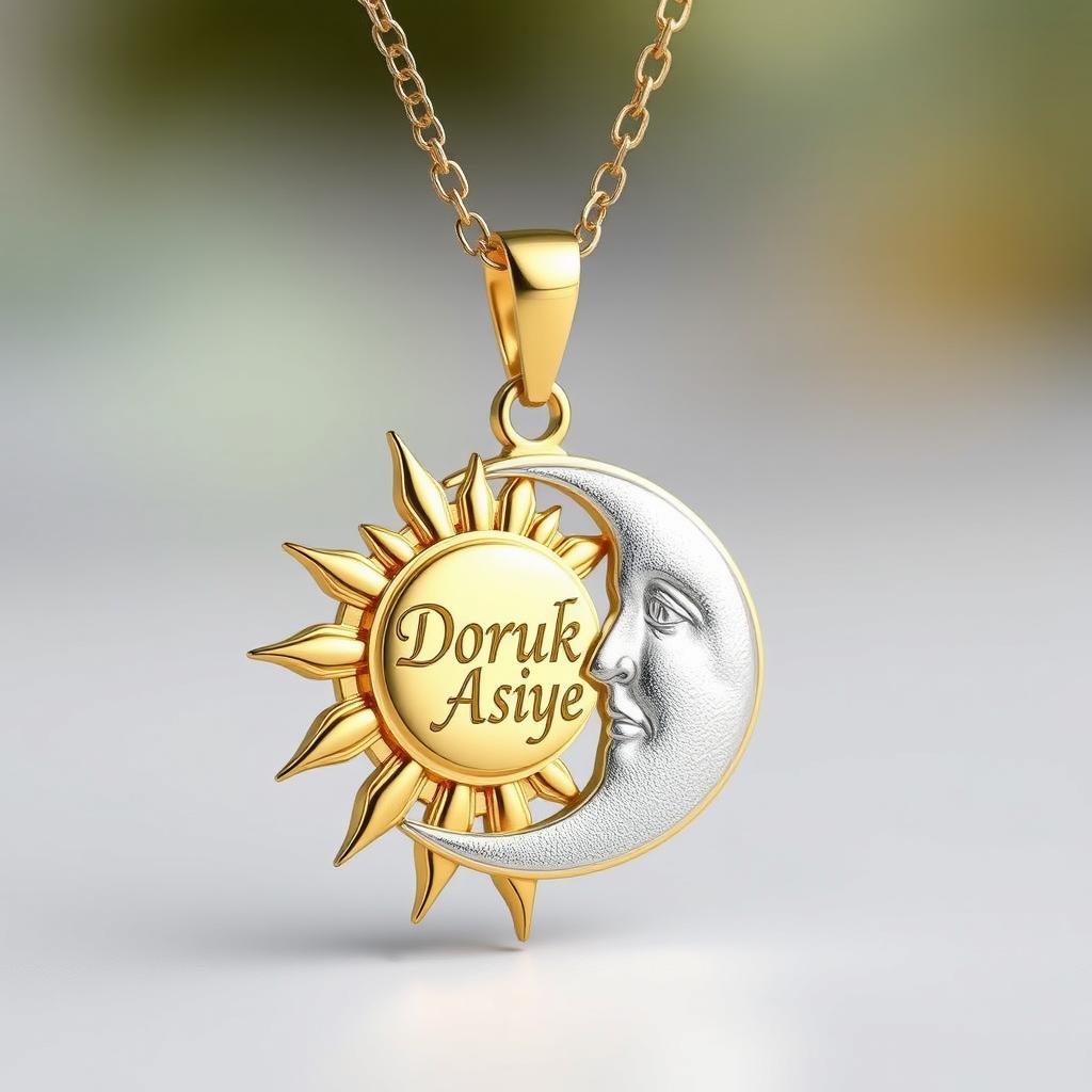 A beautifully designed necklace featuring a sun and moon motif, with the name 'Doruk' artistically engraved on the sun and 'Asiye' inscribed on the moon