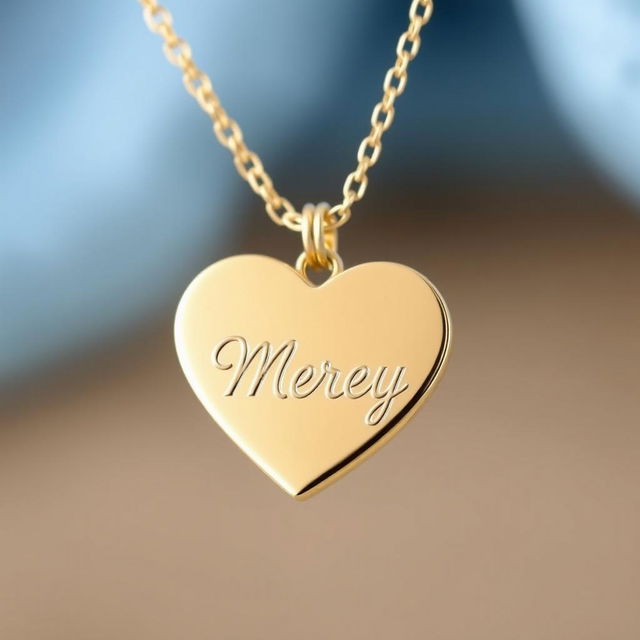 A lovely heart-shaped necklace featuring the name 'Merey' elegantly engraved in cursive lettering on the front