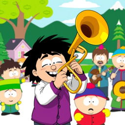 A vibrant cartoon scene inspired by the South Park style, depicting a lively band performance with South Park characters, prominently featuring a character joyfully playing a trombone