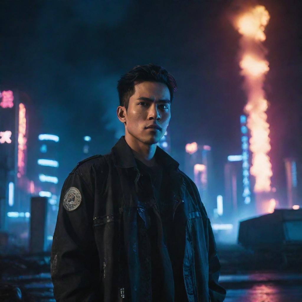 A handsome Indonesian man in a neon-lit cyberpunk city standing near an exploding oil factory