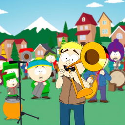 A vibrant cartoon scene inspired by the South Park style, depicting a lively band performance with South Park characters, prominently featuring a character joyfully playing a trombone