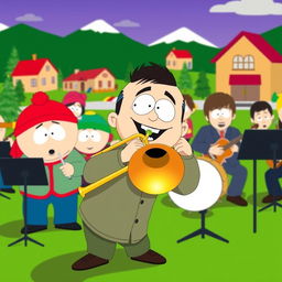 A vibrant cartoon scene inspired by the South Park style, depicting a lively band performance with South Park characters, prominently featuring a character joyfully playing a trombone