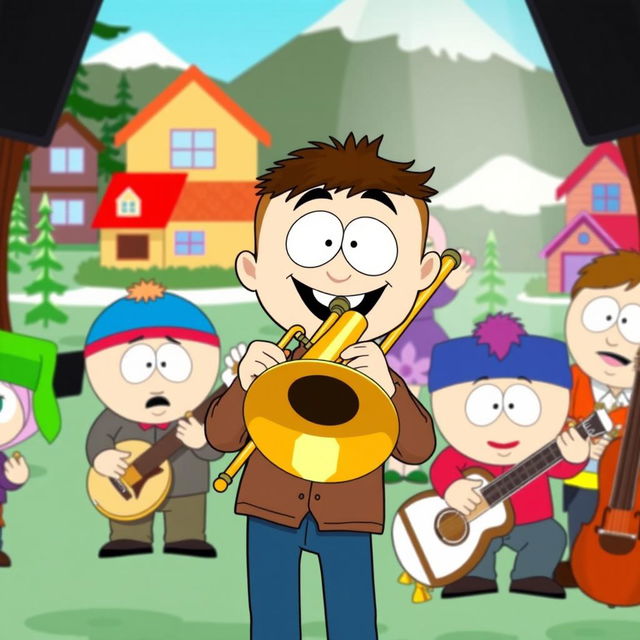 A vibrant cartoon scene inspired by the South Park style, depicting a lively band performance with South Park characters, prominently featuring a character joyfully playing a trombone