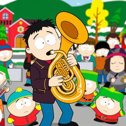 A fun cartoon scene inspired by the South Park style, depicting a lively band performance with a character actively playing a tuba