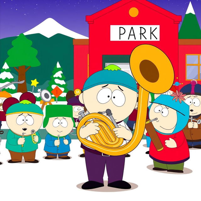 A fun cartoon scene inspired by the South Park style, depicting a lively band performance with a character actively playing a tuba