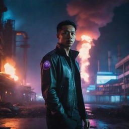 A handsome Indonesian man in a neon-lit cyberpunk city standing near an exploding oil factory