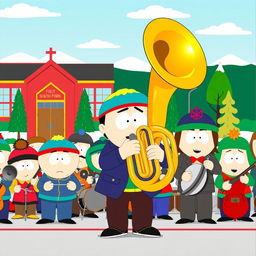 A fun cartoon scene inspired by the South Park style, depicting a lively band performance with a character actively playing a tuba