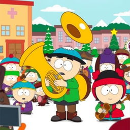 A fun cartoon scene inspired by the South Park style, depicting a lively band performance with a character actively playing a tuba