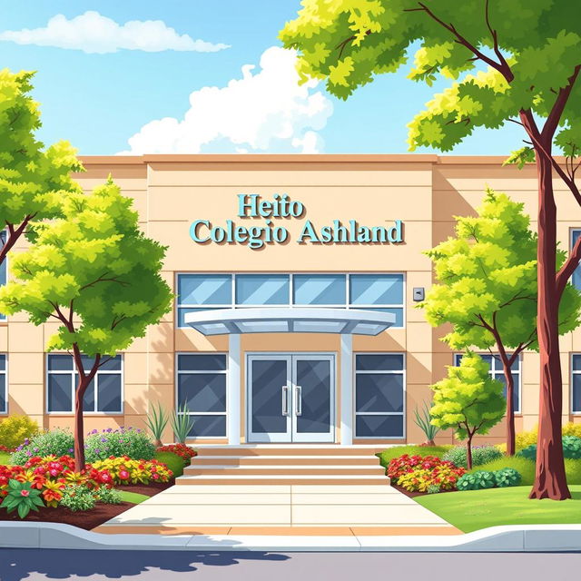 An illustration of a modern school building labeled 'Colegio Ashland'