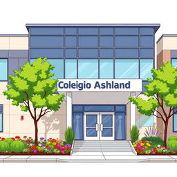 An illustration of a modern school building labeled 'Colegio Ashland'