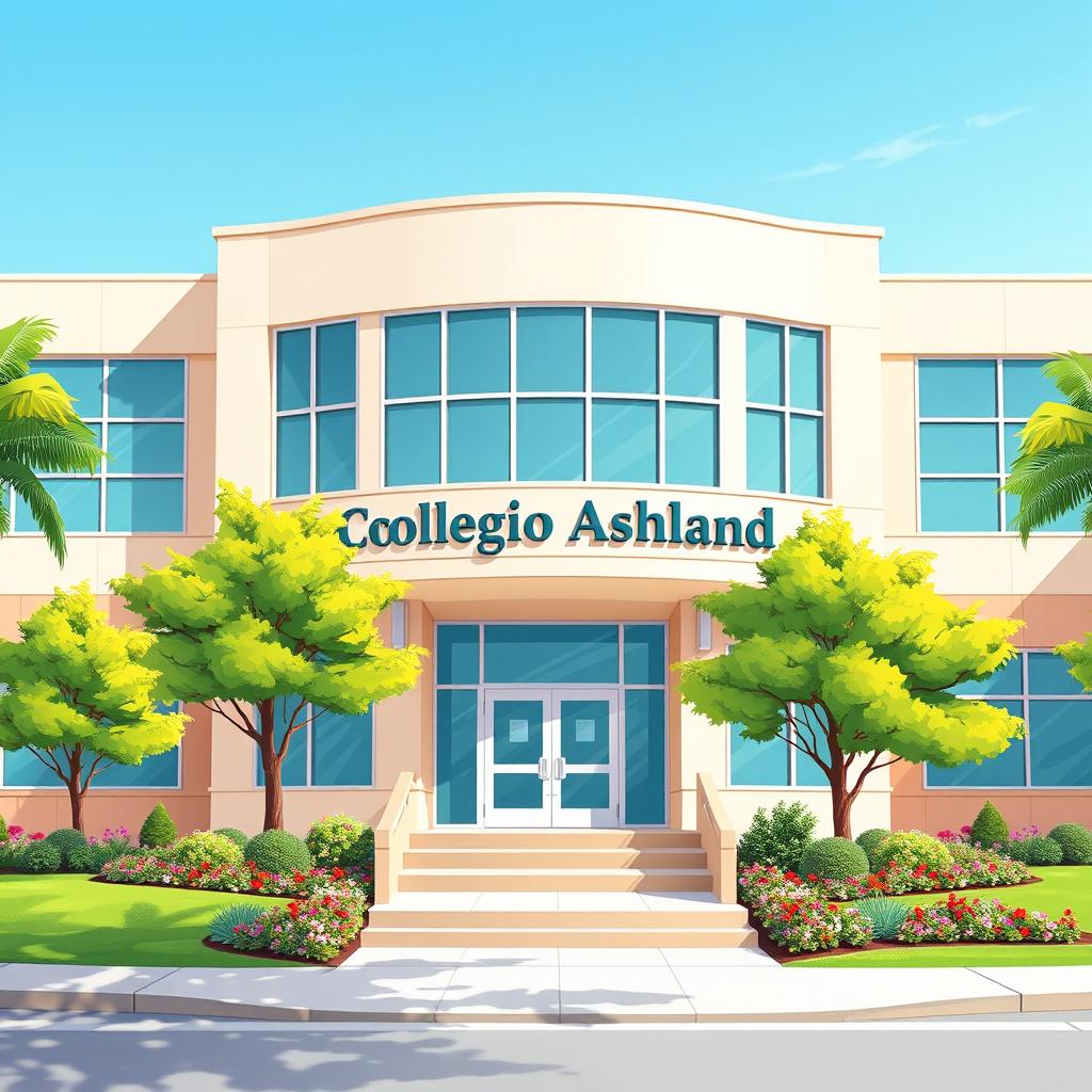 An illustration of a modern school building labeled 'Colegio Ashland'