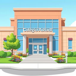 An illustration of a modern school building labeled 'Colegio Ashland'
