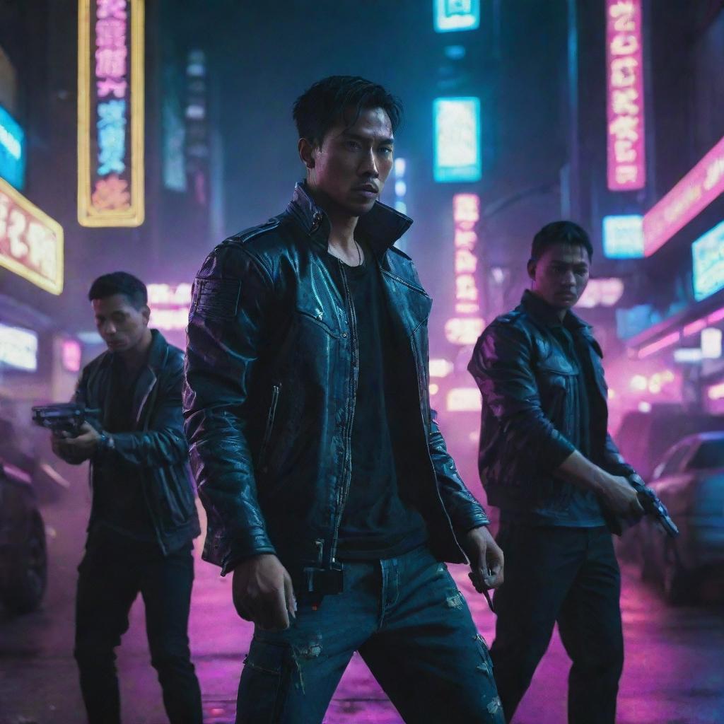 An epic shootout between a very handsome Indonesian man and another gang in a neon-lit cyberpunk city