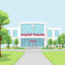 An illustration of a modern hospital building prominently labeled 'Hospital Osturks'