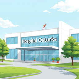 An illustration of a modern hospital building prominently labeled 'Hospital Osturks'