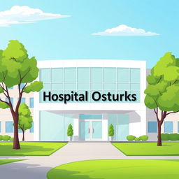 An illustration of a modern hospital building prominently labeled 'Hospital Osturks'