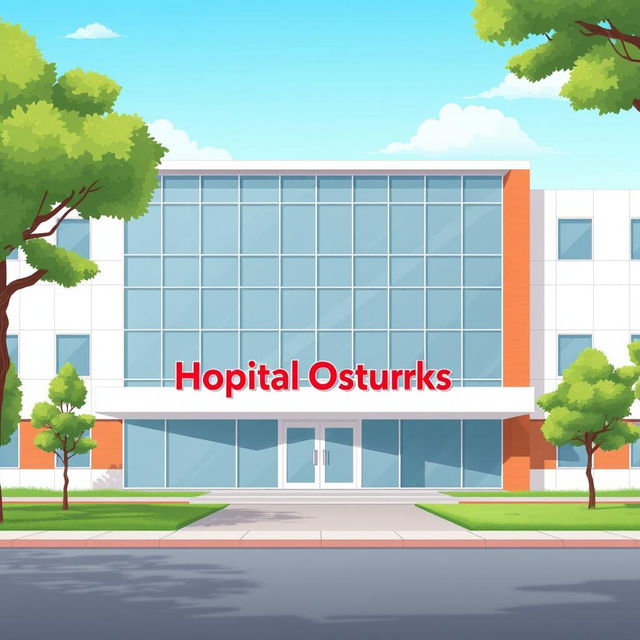 An illustration of a modern hospital building prominently labeled 'Hospital Osturks'