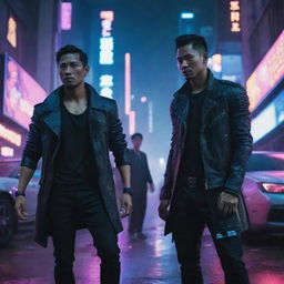 An epic shootout between a very handsome Indonesian man and another gang in a neon-lit cyberpunk city