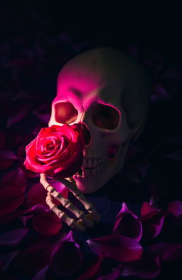 A dark romantic scene featuring passionflower purple petals scattered around, creating an ethereal atmosphere