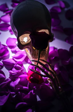 A dark romantic scene featuring passionflower purple petals scattered around, creating an ethereal atmosphere