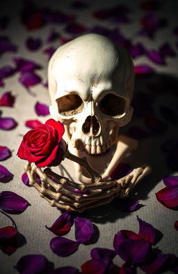 A dark romantic scene featuring passionflower purple petals scattered around, creating an ethereal atmosphere