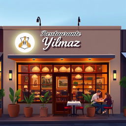 An illustration of an inviting restaurant building with the name 'Restaurante Yilmaz' prominently displayed on a stylish sign