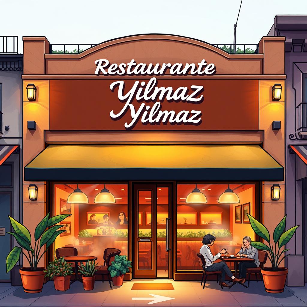 An illustration of an inviting restaurant building with the name 'Restaurante Yilmaz' prominently displayed on a stylish sign