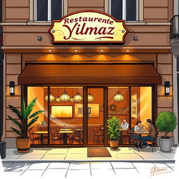 An illustration of an inviting restaurant building with the name 'Restaurante Yilmaz' prominently displayed on a stylish sign