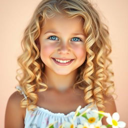 A portrait of a beautiful blonde girl with curly hair, her bright smile illuminating the scene
