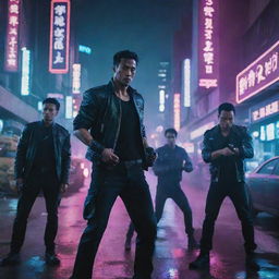 An epic shootout between a very handsome Indonesian man and another gang in a neon-lit cyberpunk city