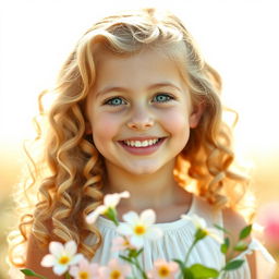 A portrait of a beautiful blonde girl with curly hair, her bright smile illuminating the scene