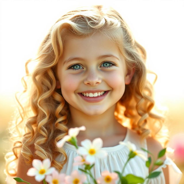 A portrait of a beautiful blonde girl with curly hair, her bright smile illuminating the scene