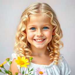 A portrait of a beautiful blonde girl with curly hair, her bright smile illuminating the scene