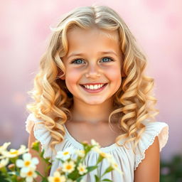 A portrait of a beautiful blonde girl with curly hair, her bright smile illuminating the scene