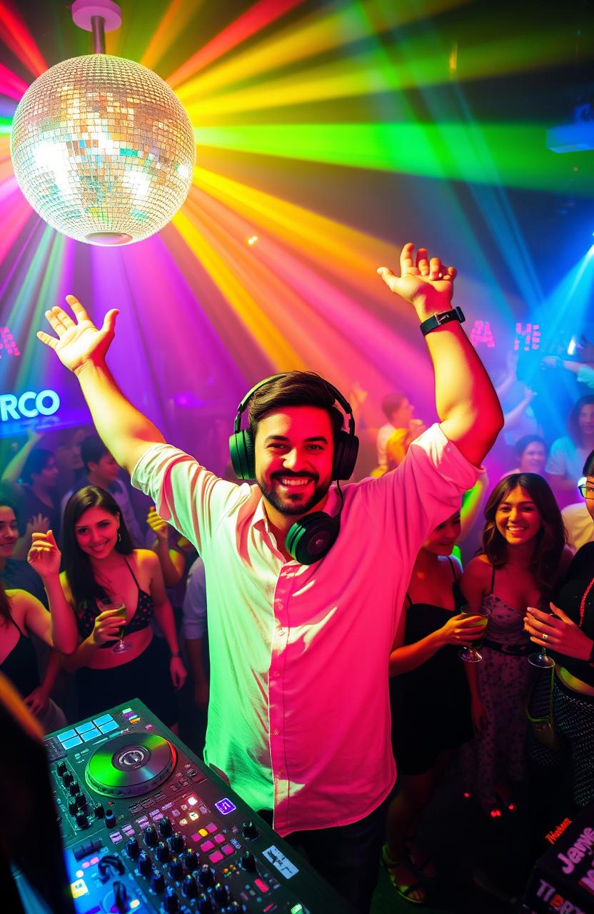 A lively, atmospheric nightclub scene featuring a charismatic male DJ named Marco, energetically mixing music on stage under colorful LED lights