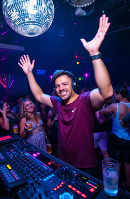 A lively, atmospheric nightclub scene featuring a charismatic male DJ named Marco, energetically mixing music on stage under colorful LED lights