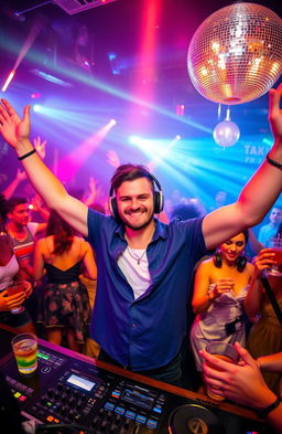 A lively, atmospheric nightclub scene featuring a charismatic male DJ named Marco, energetically mixing music on stage under colorful LED lights