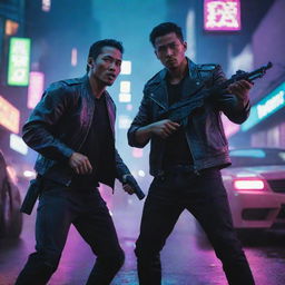 An epic shootout between a very handsome Indonesian man and another gang in a neon-lit cyberpunk city