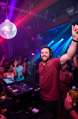 A lively, atmospheric nightclub scene featuring a charismatic male DJ named Marco, energetically mixing music on stage under colorful LED lights