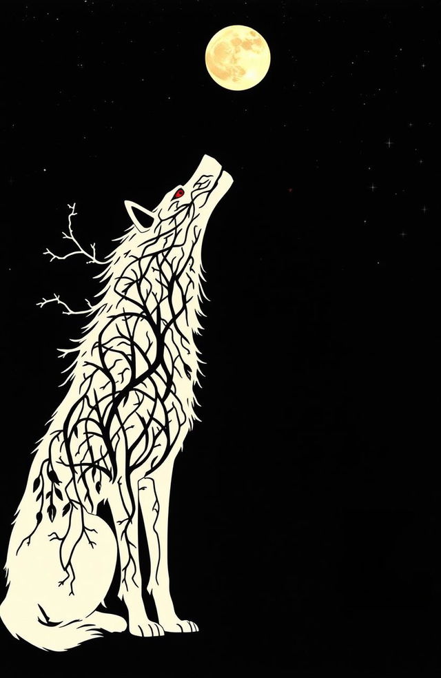 The silhouettes of two wolves, one white and one dark with faint red eyes, crafted from intertwining tree vines and branches