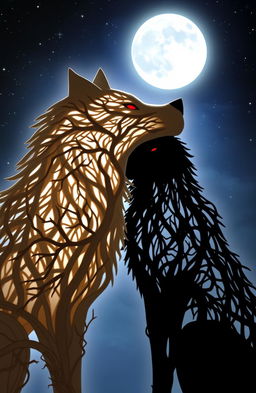 The silhouettes of two wolves, one white and one dark with faint red eyes, crafted from intertwining tree vines and branches