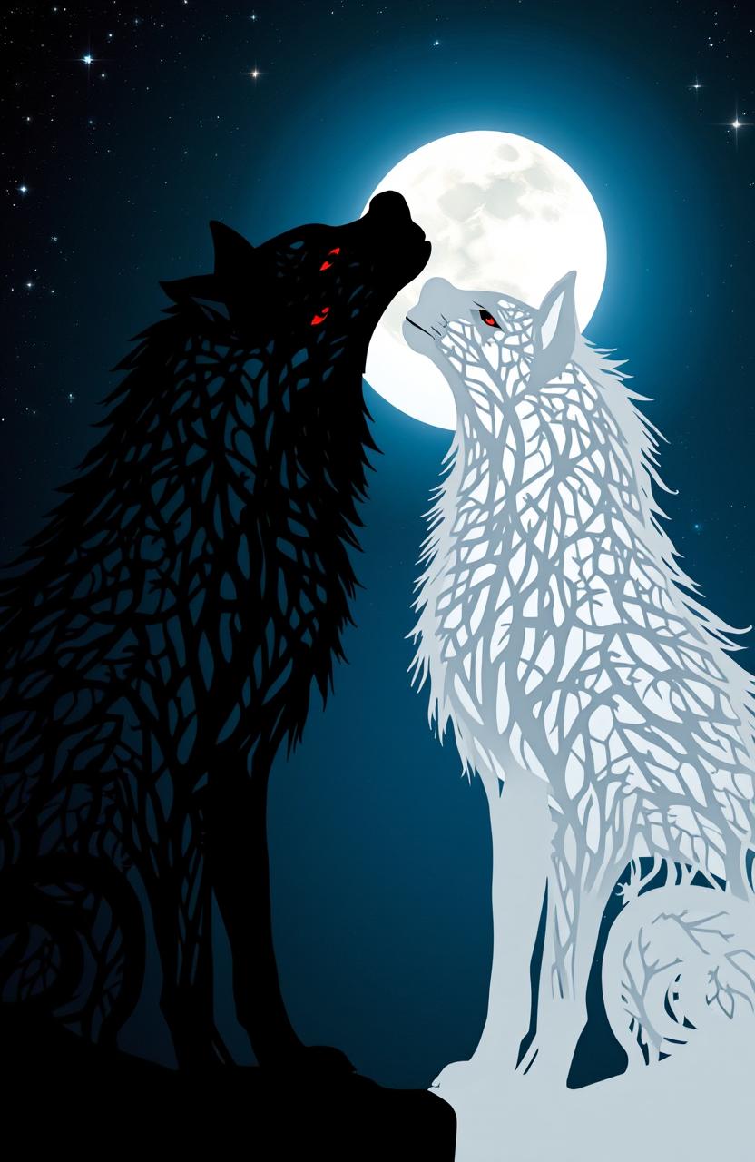 The silhouettes of two wolves, one white and one dark with faint red eyes, crafted from intertwining tree vines and branches