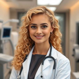 A portrait of a tall, fit blonde girl with curly hair, portraying her as a confident doctor