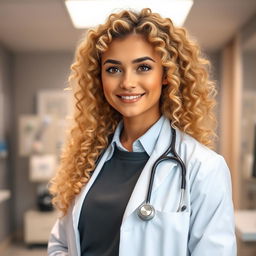 A portrait of a tall, fit blonde girl with curly hair, portraying her as a confident doctor
