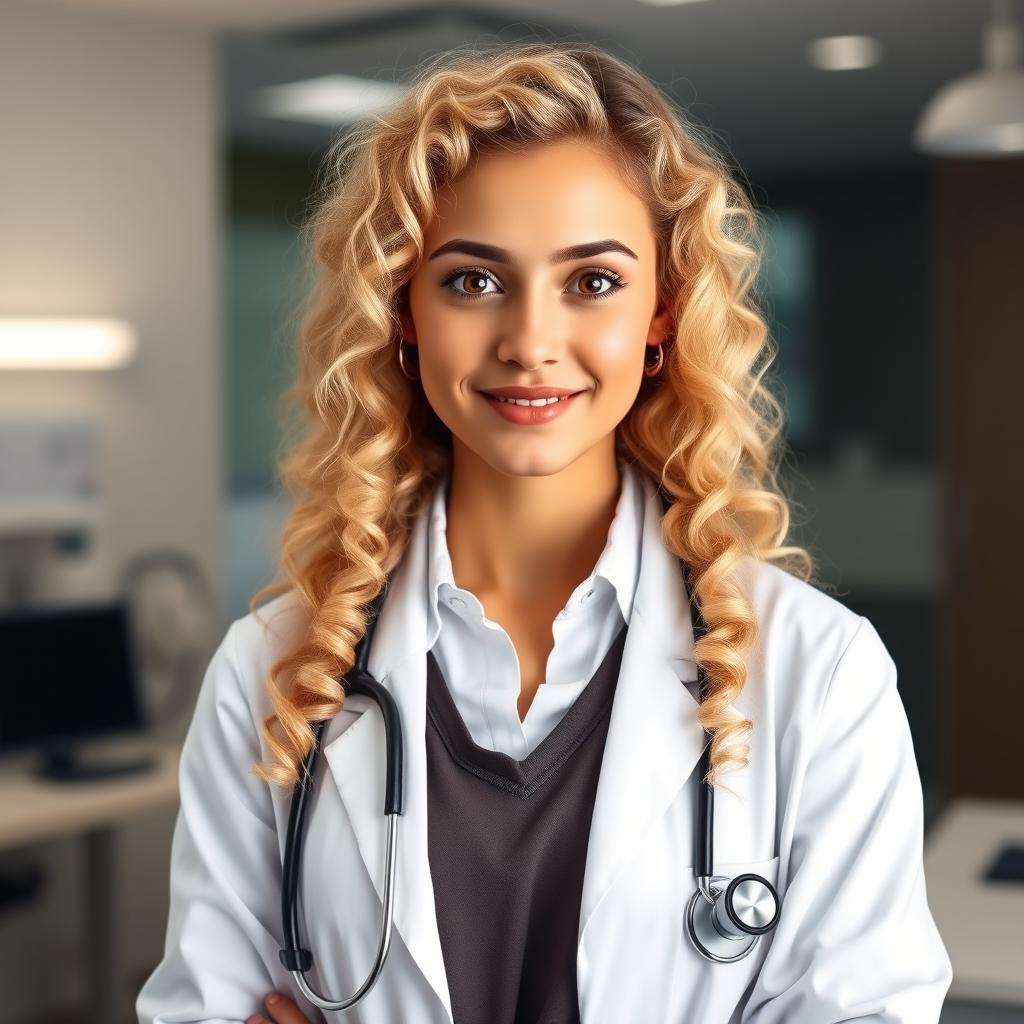 A portrait of a tall, fit blonde girl with curly hair, portraying her as a confident doctor