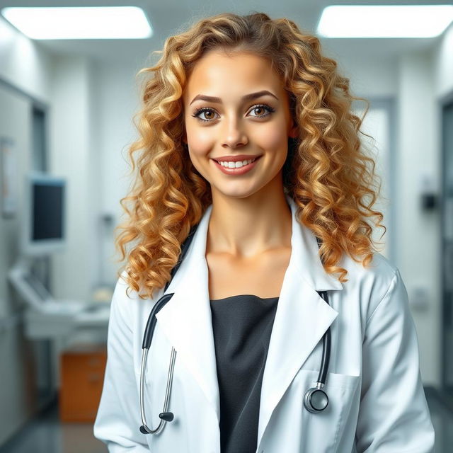 A portrait of a tall, fit blonde girl with curly hair, portraying her as a confident doctor