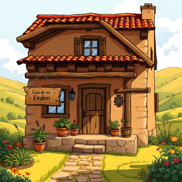 An illustration of a charming, rustic house prominently labeled 'Casa de los Erden'