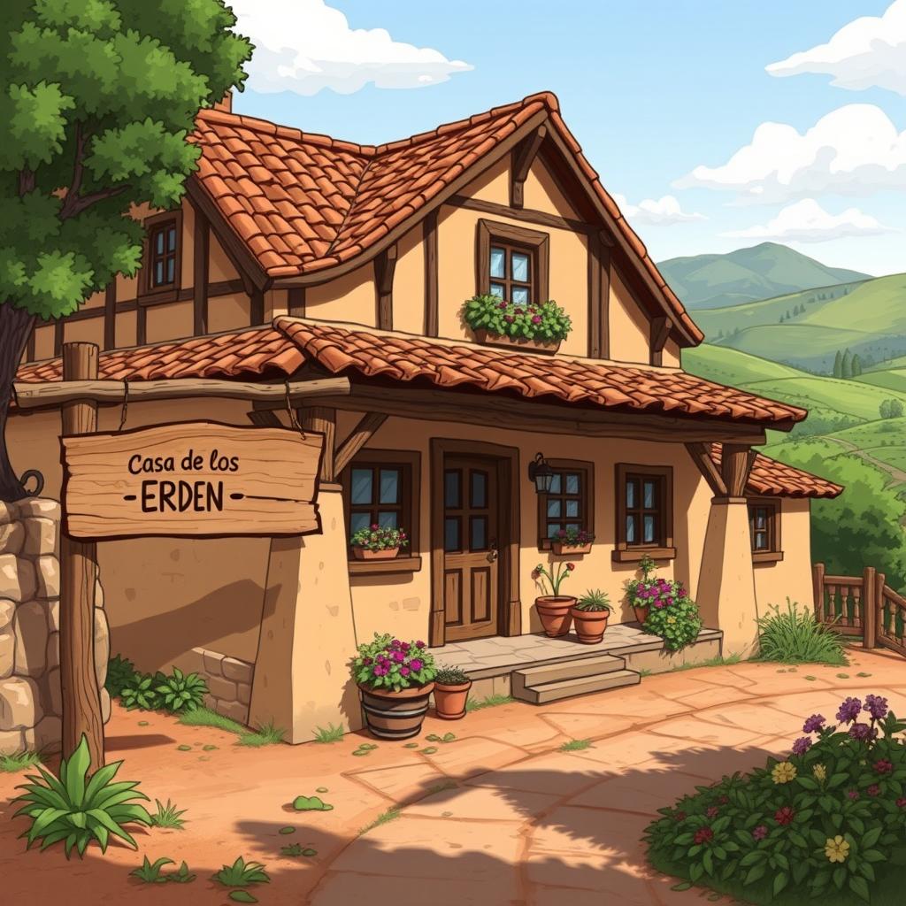 An illustration of a charming, rustic house prominently labeled 'Casa de los Erden'