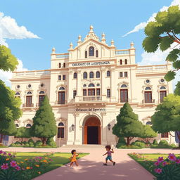 An illustration of a large, impressive building labeled 'Orfanato de la Esperanza'
