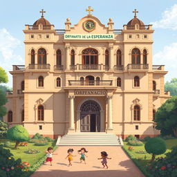 An illustration of a large, impressive building labeled 'Orfanato de la Esperanza'